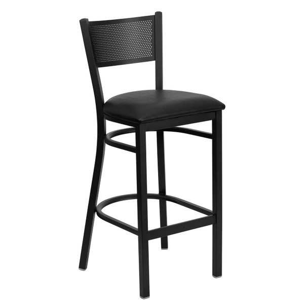 HERCULES Series Black Grid Back Metal Restaurant Barstool - Black Vinyl Seat