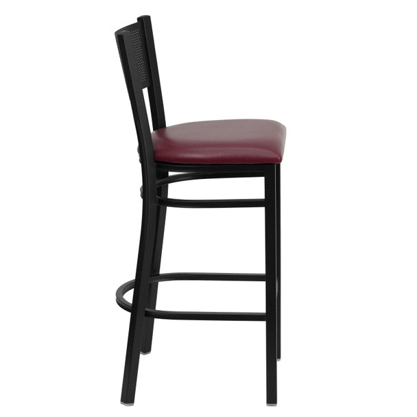 HERCULES Series Black Grid Back Metal Restaurant Barstool - Burgundy Vinyl Seat