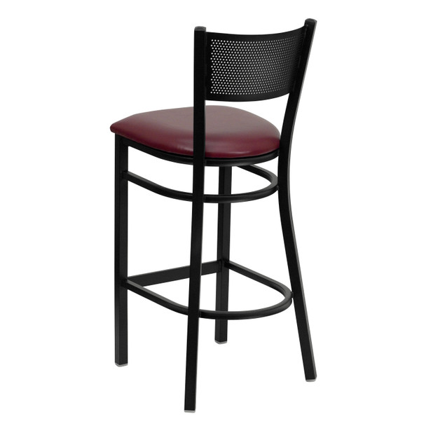 HERCULES Series Black Grid Back Metal Restaurant Barstool - Burgundy Vinyl Seat