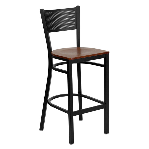 HERCULES Series Black Grid Back Metal Restaurant Barstool - Cherry Wood Seat