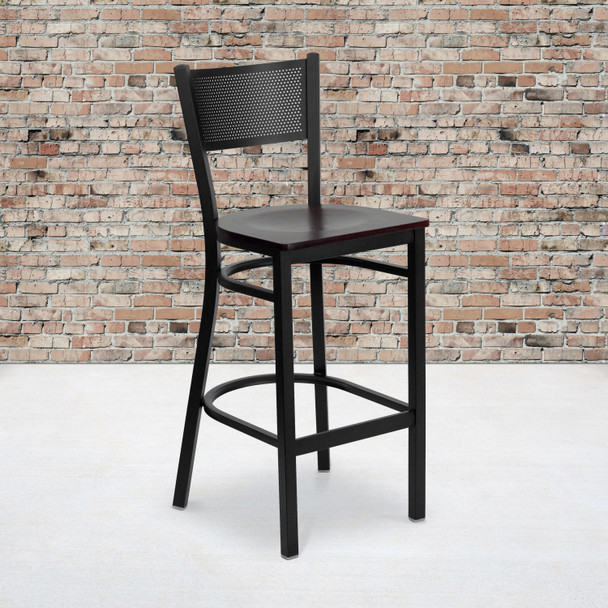 HERCULES Series Black Grid Back Metal Restaurant Barstool - Mahogany Wood Seat