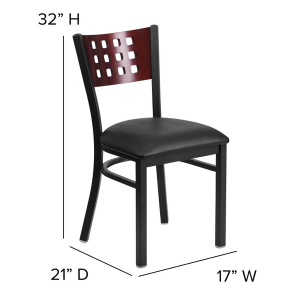 HERCULES Series Black Cutout Back Metal Restaurant Chair - Mahogany Wood Back, Black Vinyl Seat