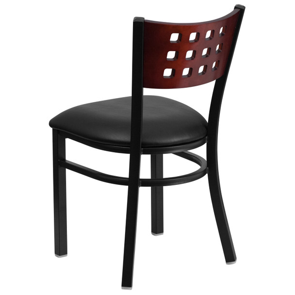 HERCULES Series Black Cutout Back Metal Restaurant Chair - Mahogany Wood Back, Black Vinyl Seat