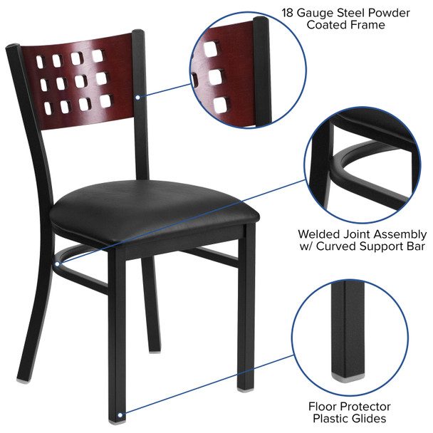 HERCULES Series Black Cutout Back Metal Restaurant Chair - Mahogany Wood Back, Black Vinyl Seat