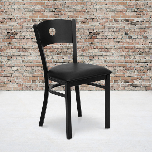 HERCULES Series Black Circle Back Metal Restaurant Chair - Black Vinyl Seat