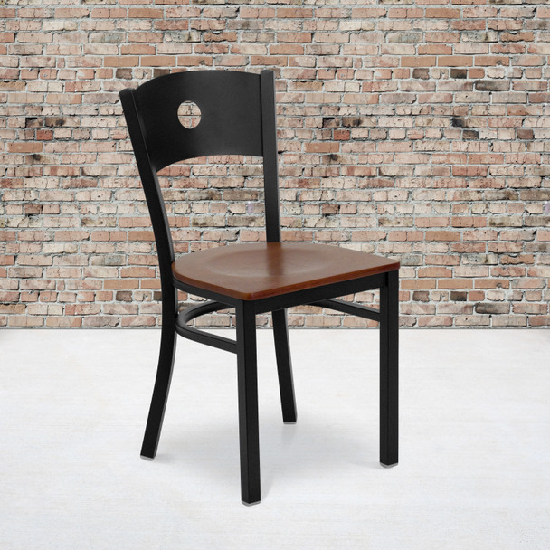 HERCULES Series Black Circle Back Metal Restaurant Chair - Cherry Wood Seat