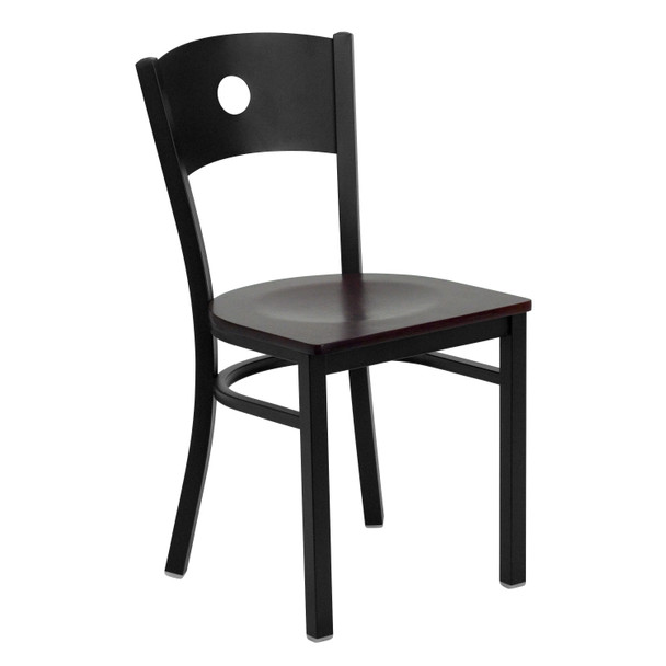 HERCULES Series Black Circle Back Metal Restaurant Chair - Mahogany Wood Seat