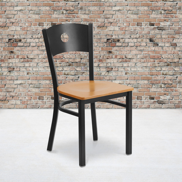 HERCULES Series Black Circle Back Metal Restaurant Chair - Natural Wood Seat