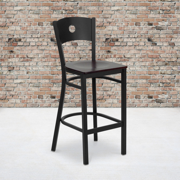 HERCULES Series Black Circle Back Metal Restaurant Barstool - Mahogany Wood Seat