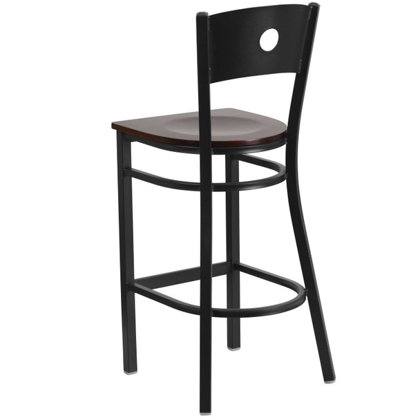 HERCULES Series Black Circle Back Metal Restaurant Barstool - Walnut Wood Seat