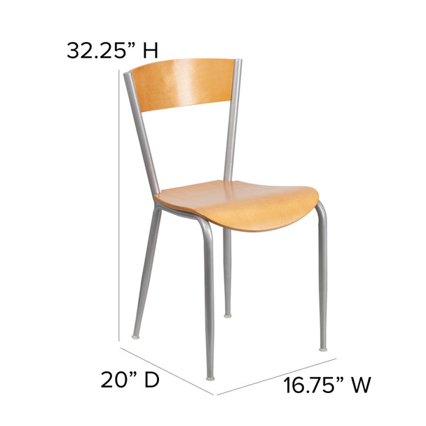 Invincible Series Silver Metal Restaurant Chair - Natural Wood Back & Seat