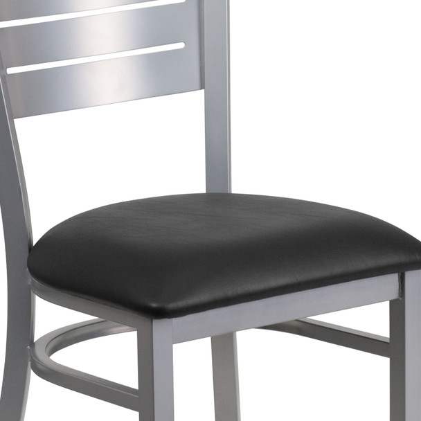 HERCULES Series Silver Slat Back Metal Restaurant Chair - Black Vinyl Seat
