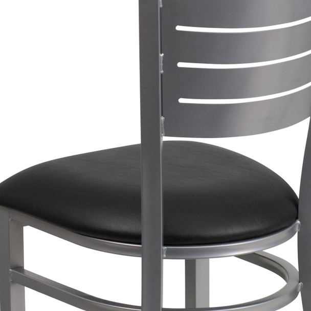 HERCULES Series Silver Slat Back Metal Restaurant Chair - Black Vinyl Seat