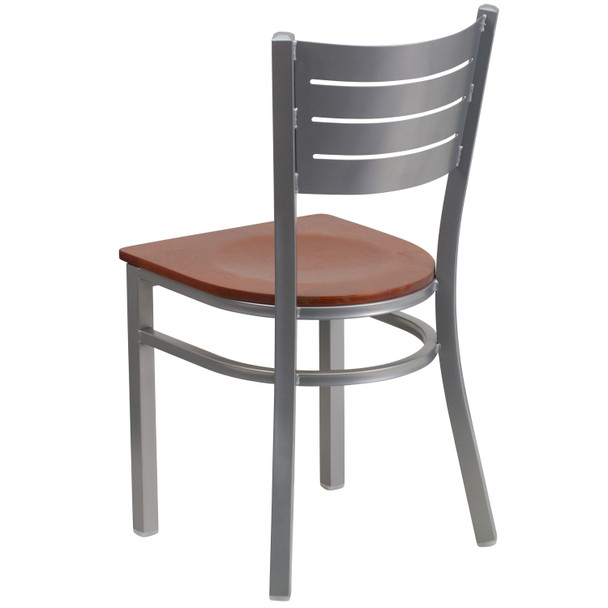 HERCULES Series Silver Slat Back Metal Restaurant Chair - Cherry Wood Seat