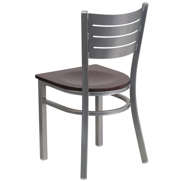 HERCULES Series Silver Slat Back Metal Restaurant Chair - Mahogany Wood Seat