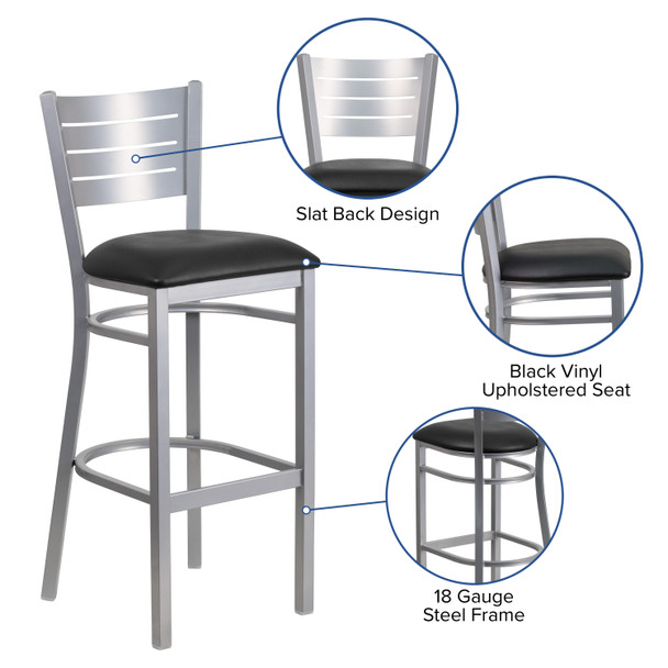 HERCULES Series Silver Slat Back Metal Restaurant Barstool - Black Vinyl Seat