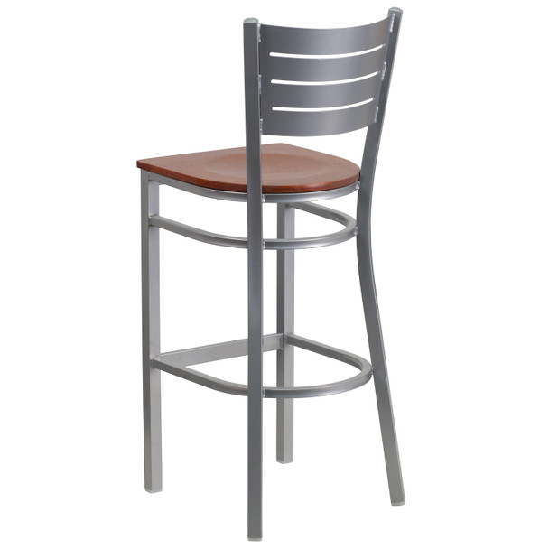 HERCULES Series Silver Slat Back Metal Restaurant Barstool - Cherry Wood Seat