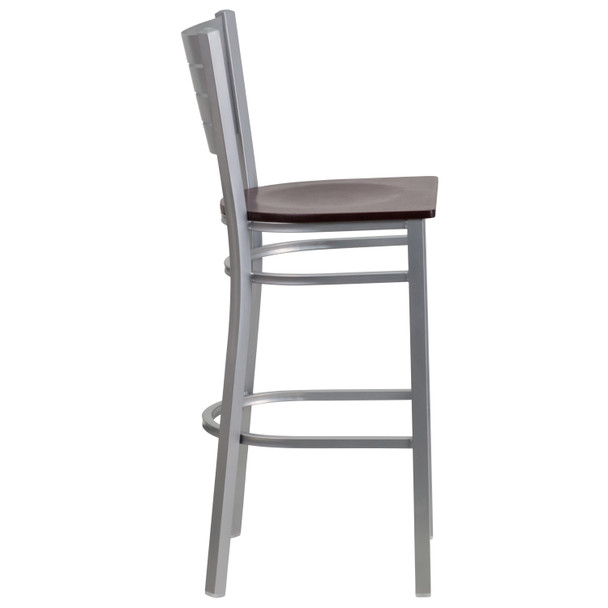 HERCULES Series Silver Slat Back Metal Restaurant Barstool - Mahogany Wood Seat