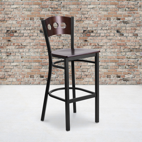 HERCULES Series Black 3 Circle Back Metal Restaurant Barstool - Walnut Wood Back & Seat