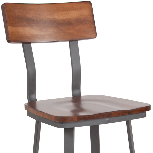 Flint Series Rustic Walnut Restaurant Barstool with Wood Seat & Back and Gray Powder Coat Frame