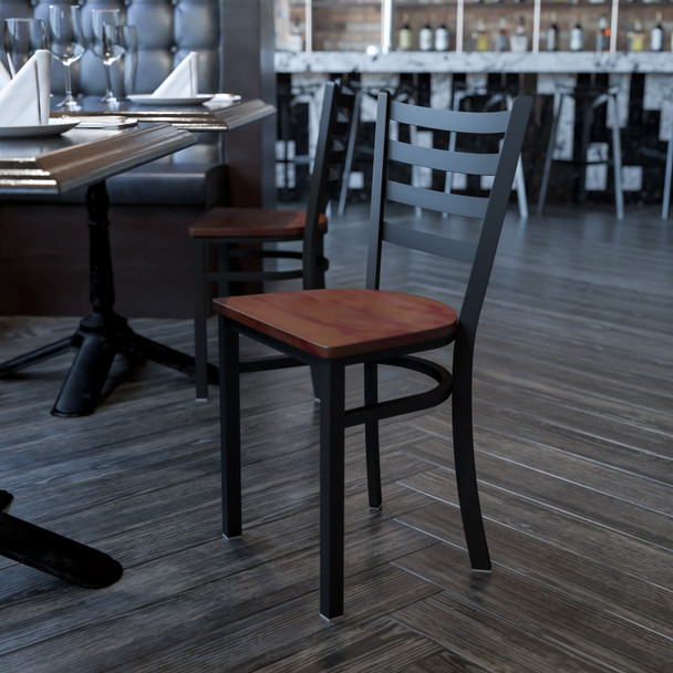 HERCULES Series Black Ladder Back Metal Restaurant Chair - Cherry Wood Seat