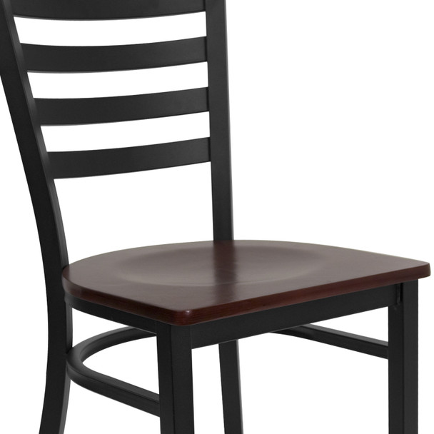 HERCULES Series Black Ladder Back Metal Restaurant Chair - Mahogany Wood Seat