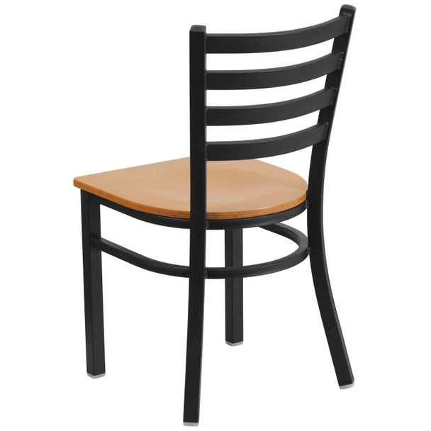 HERCULES Series Black Ladder Back Metal Restaurant Chair - Natural Wood Seat