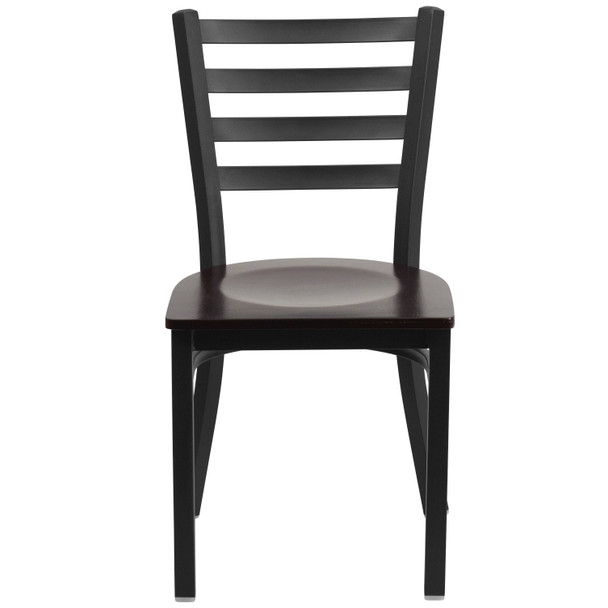 HERCULES Series Black Ladder Back Metal Restaurant Chair - Walnut Wood Seat