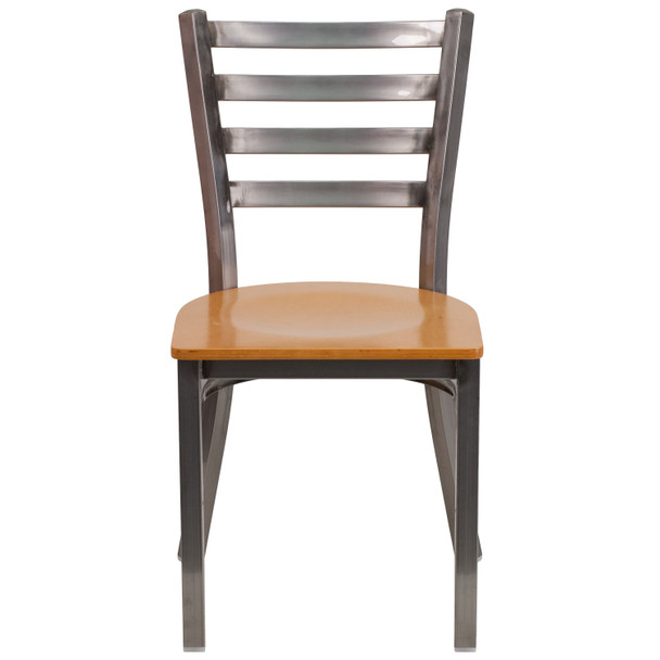 HERCULES Series Clear Coated Ladder Back Metal Restaurant Chair - Natural Wood Seat