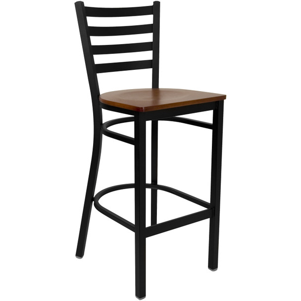 HERCULES Series Black Ladder Back Metal Restaurant Barstool - Cherry Wood Seat