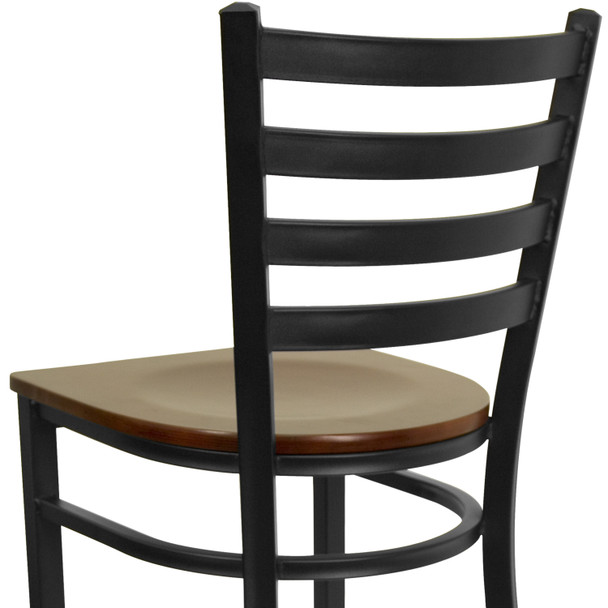 HERCULES Series Black Ladder Back Metal Restaurant Barstool - Mahogany Wood Seat