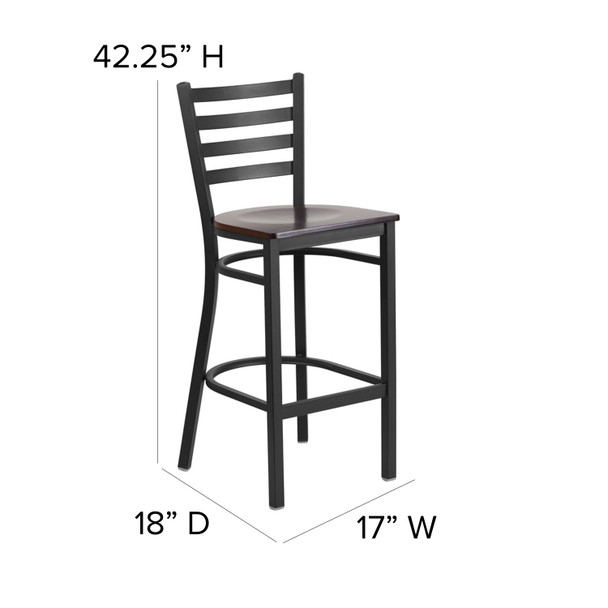 HERCULES Series Black Ladder Back Metal Restaurant Barstool - Walnut Wood Seat