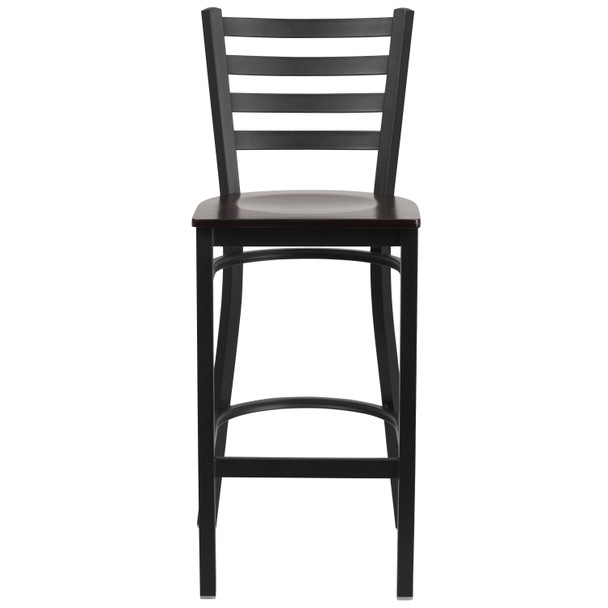 HERCULES Series Black Ladder Back Metal Restaurant Barstool - Walnut Wood Seat