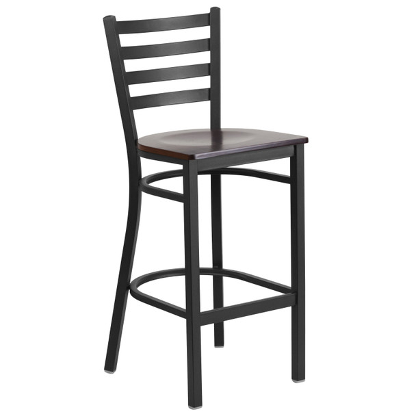 HERCULES Series Black Ladder Back Metal Restaurant Barstool - Walnut Wood Seat