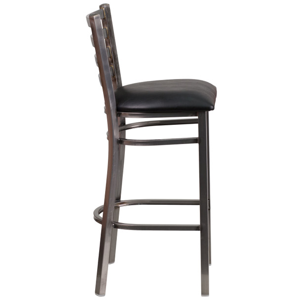 HERCULES Series Clear Coated Ladder Back Metal Restaurant Barstool - Black Vinyl Seat