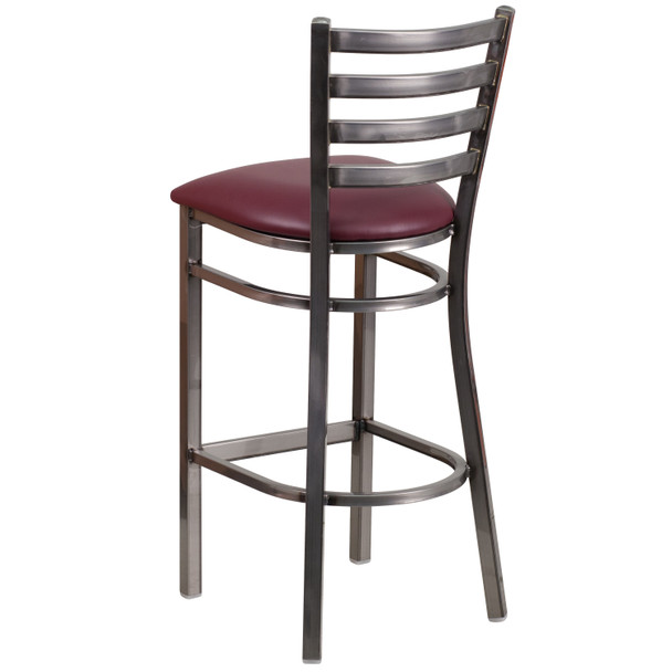 HERCULES Series Clear Coated Ladder Back Metal Restaurant Barstool - Burgundy Vinyl Seat