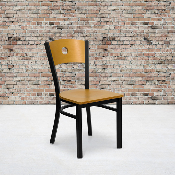 HERCULES Series Black Circle Back Metal Restaurant Chair - Natural Wood Back & Seat