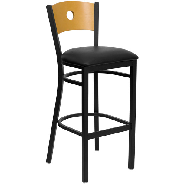 HERCULES Series Black Circle Back Metal Restaurant Barstool - Natural Wood Back, Black Vinyl Seat