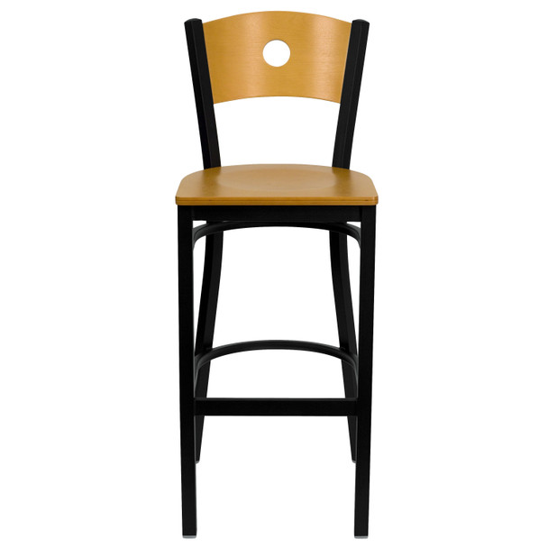 HERCULES Series Black Circle Back Metal Restaurant Barstool - Natural Wood Back & Seat