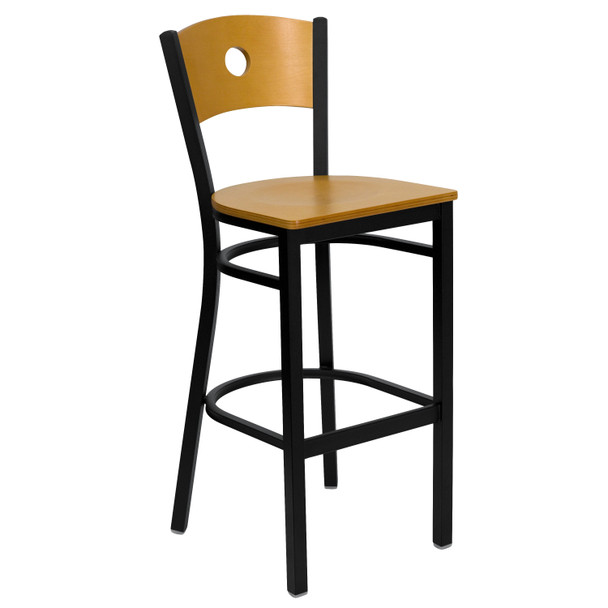 HERCULES Series Black Circle Back Metal Restaurant Barstool - Natural Wood Back & Seat