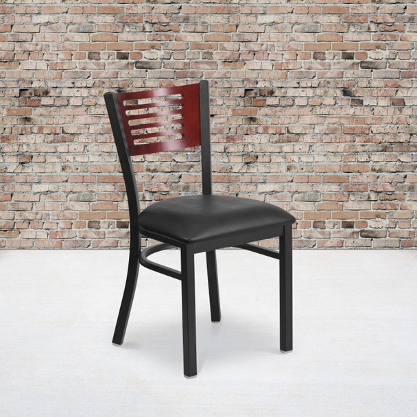 HERCULES Series Black Slat Back Metal Restaurant Chair - Mahogany Wood Back, Black Vinyl Seat