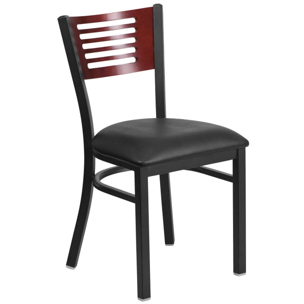 HERCULES Series Black Slat Back Metal Restaurant Chair - Mahogany Wood Back, Black Vinyl Seat