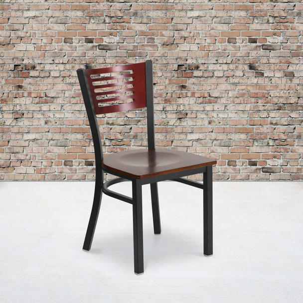 HERCULES Series Black Slat Back Metal Restaurant Chair - Mahogany Wood Back & Seat