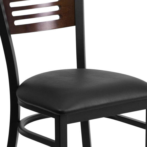 HERCULES Series Black Slat Back Metal Restaurant Chair - Walnut Wood Back, Black Vinyl Seat