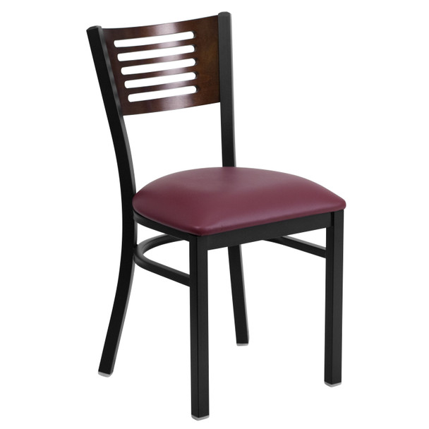 HERCULES Series Black Slat Back Metal Restaurant Chair - Walnut Wood Back, Burgundy Vinyl Seat