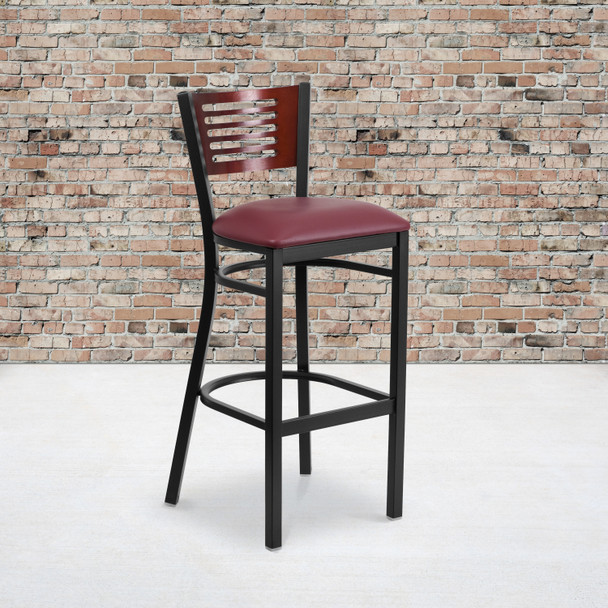 HERCULES Series Black Slat Back Metal Restaurant Barstool - Mahogany Wood Back, Burgundy Vinyl Seat