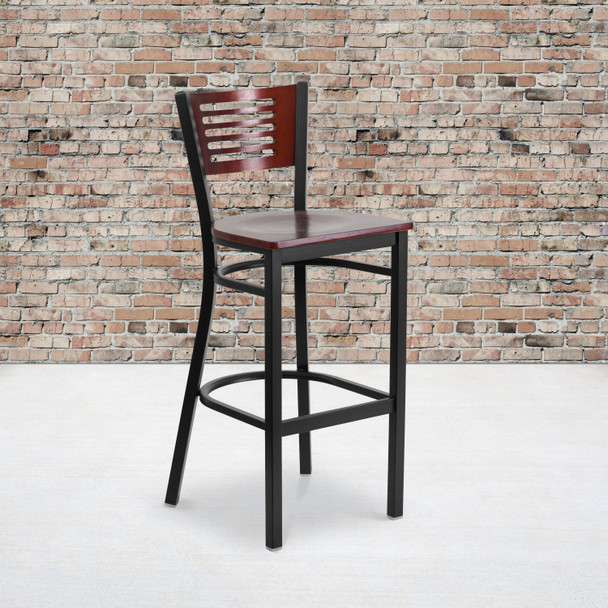 HERCULES Series Black Slat Back Metal Restaurant Barstool - Mahogany Wood Back & Seat