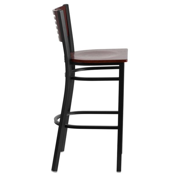 HERCULES Series Black Slat Back Metal Restaurant Barstool - Mahogany Wood Back & Seat