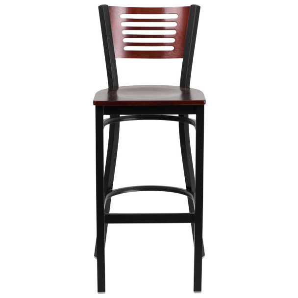 HERCULES Series Black Slat Back Metal Restaurant Barstool - Mahogany Wood Back & Seat