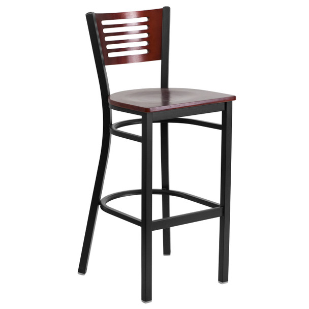 HERCULES Series Black Slat Back Metal Restaurant Barstool - Mahogany Wood Back & Seat